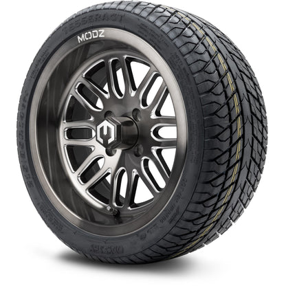 MODZ® 14" Mayhem Brushed Gunmetal with Ball Mill Wheels & Street Tires Combo (Odyssey Tesseract Steel Belted Radial 215/35-14)