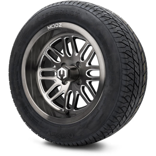 MODZ® 14" Mayhem Brushed Gunmetal with Ball Mill Wheels & Street Tires Combo (Odyssey Tesseract Steel Belted Radial 215/50-14)