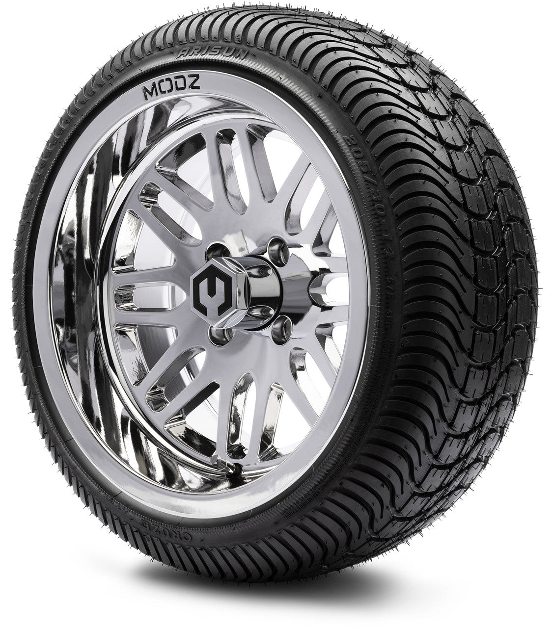MODZ® 14" Mayhem Chrome Wheels & Street Tires Combo (Odyssey Tesseract Steel Belted Radial 215/35-14)