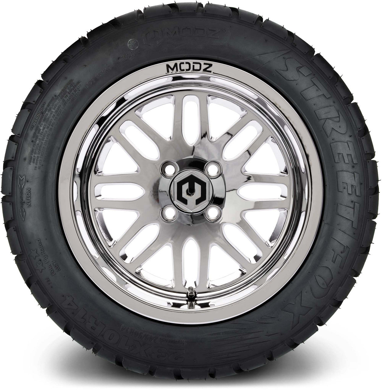 MODZ® 14" Mayhem Chrome Wheels & Street Tires Combo (Odyssey Tesseract Steel Belted Radial 215/35-14)