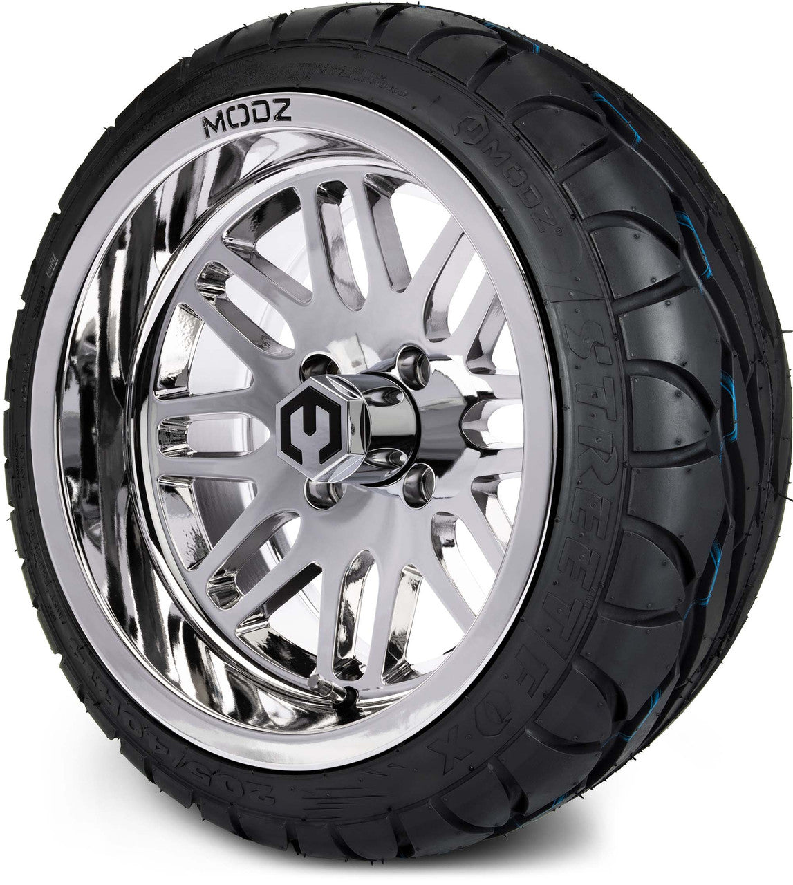 MODZ® 14" Mayhem Chrome Wheels & Street Tires Combo (Odyssey Tesseract Steel Belted Radial 215/50-14)
