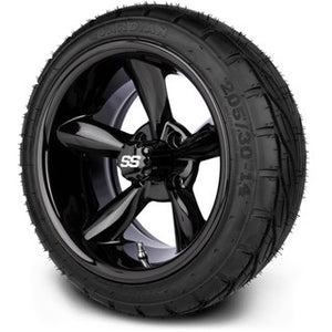 MODZ® 14" Godfather Glossy Black Wheels & Street Tires Combo (MODZ Guardian 205/30-14)