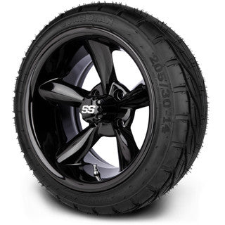 MODZ® 14" Godfather Glossy Black Wheels & Street Tires Combo (MODZ Guardian 205/30-14)