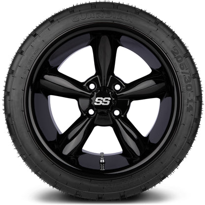 MODZ® 14" Godfather Glossy Black Wheels & Street Tires Combo (MODZ Guardian 205/30-14)