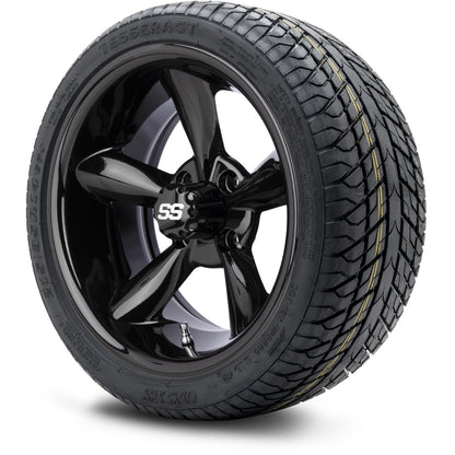 MODZ® 14" Godfather Glossy Black Wheels & Street Tires Combo (Odyssey Tesseract Steel Belted Radial 215/35-14)