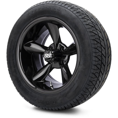 MODZ® 14" Godfather Glossy Black Wheels & Street Tires Combo (Odyssey Tesseract Steel Belted Radial 215/50-14)