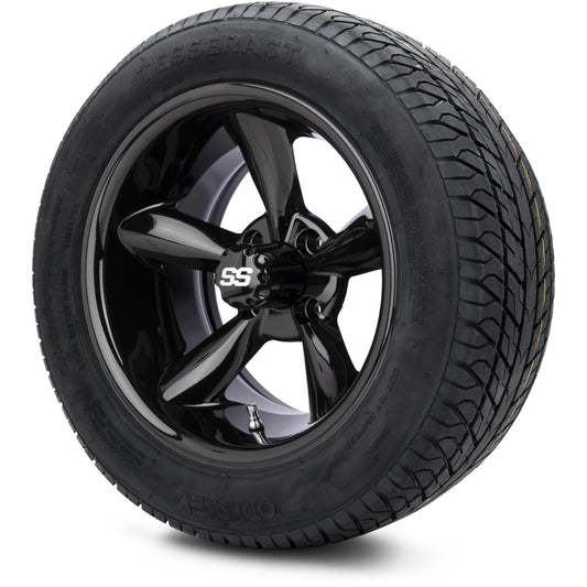 MODZ® 14" Godfather Glossy Black Wheels & Street Tires Combo (Odyssey Tesseract Steel Belted Radial 215/50-14)