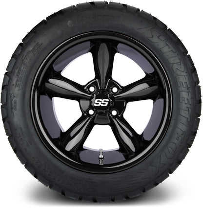 MODZ® 14" Godfather Glossy Black Wheels & Street Tires Combo (MODZ Street Fox Radial 23x10-14)
