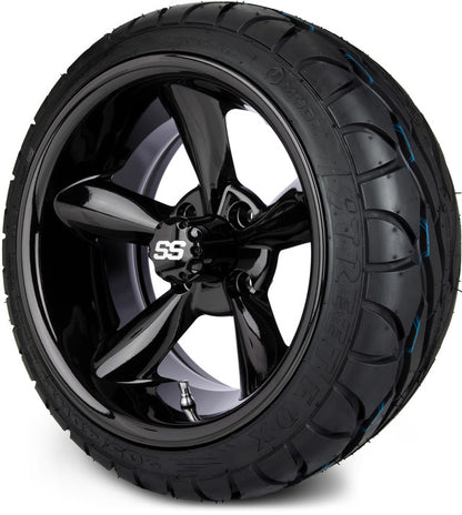 MODZ® 14" Godfather Glossy Black Wheels & Street Tires Combo (MODZ Street Fox Radial 205/40-14)