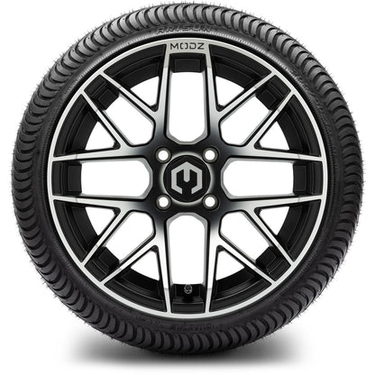 MODZ® 14" Matrix Machined Black Wheels & Street Tires Combo (Odyssey Tesseract Steel Belted Radial 215/50-14)