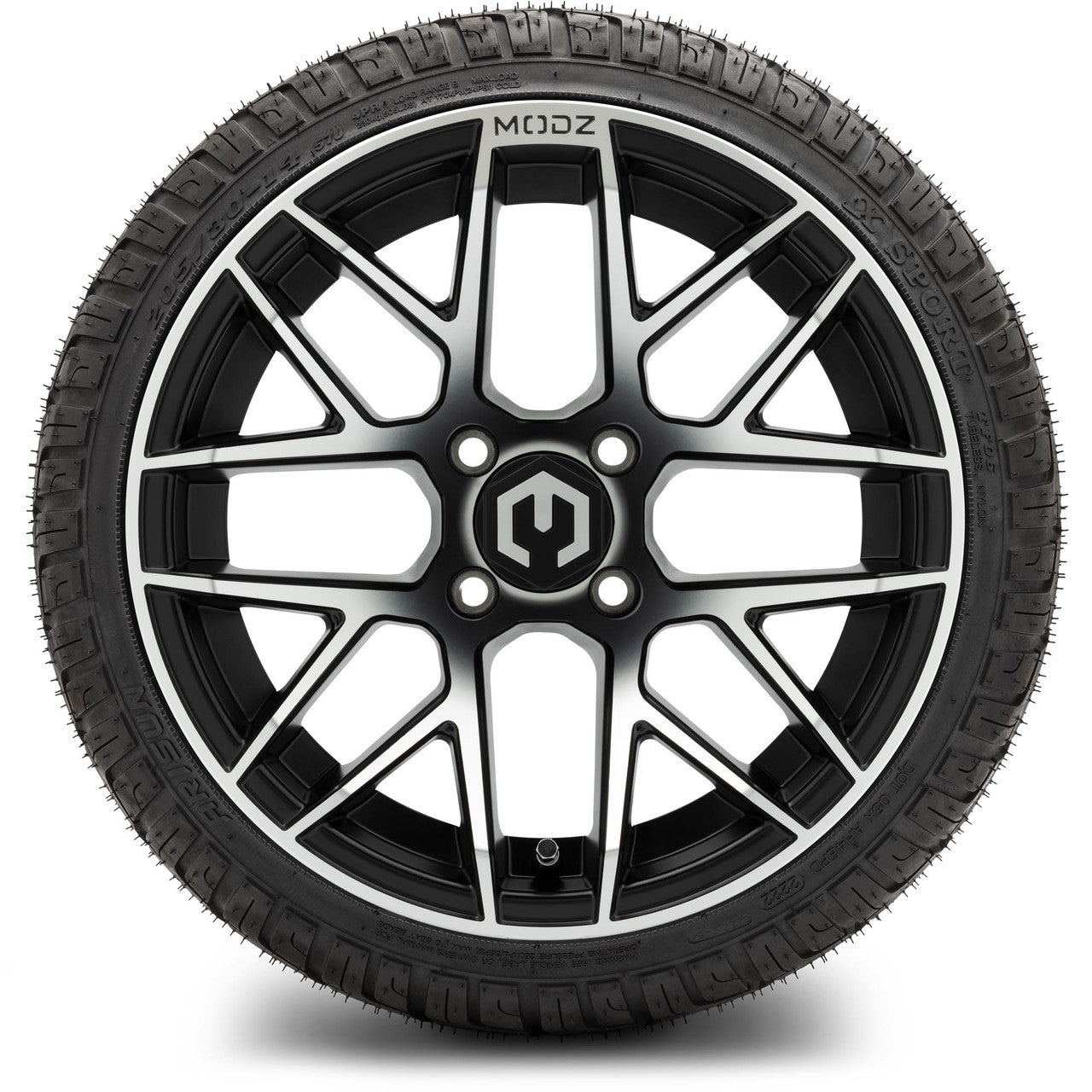 MODZ® 14" Matrix Machined Black Wheels & Street Tires Combo (Odyssey Tesseract Steel Belted Radial 215/50-14)