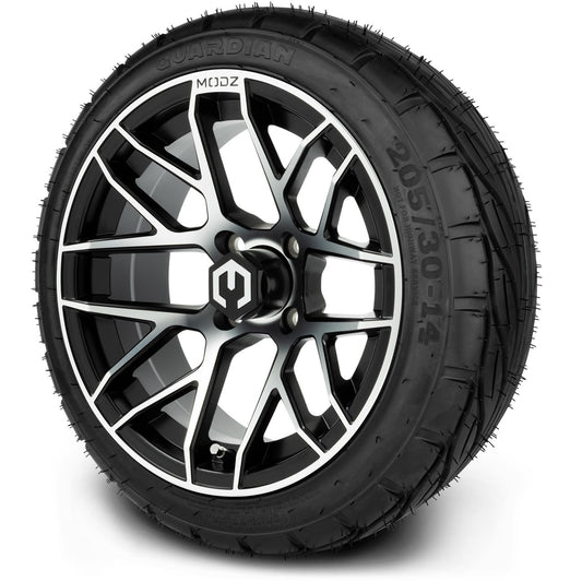 MODZ® 14" Matrix Machined Black Wheels & Street Tires Combo (MODZ Guardian 205/30-14)