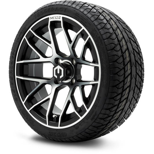 MODZ® 14" Matrix Machined Black Wheels & Street Tires Combo (Odyssey Tesseract Steel Belted Radial 215/35-14)