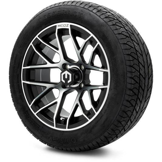 MODZ® 14" Matrix Machined Black Wheels & Street Tires Combo (Odyssey Tesseract Steel Belted Radial 215/50-14)