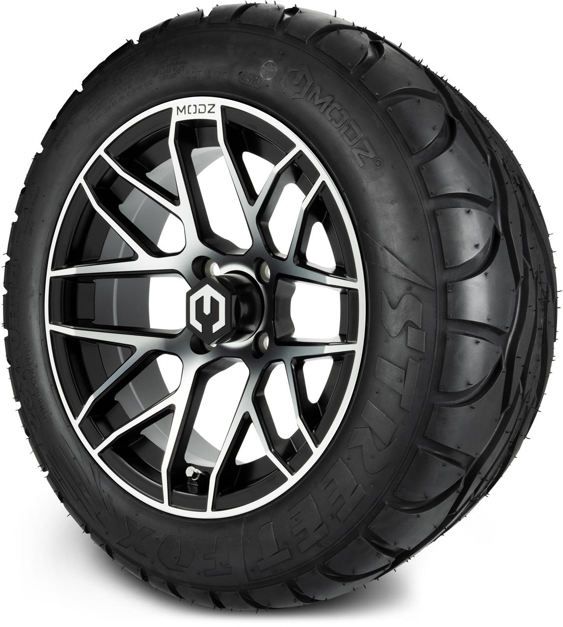 MODZ® 14" Matrix Machined Black Wheels & Street Tires Combo (Odyssey Tesseract Steel Belted Radial 215/50-14)