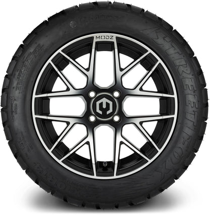 MODZ® 14" Matrix Machined Black Wheels & Street Tires Combo (Odyssey Tesseract Steel Belted Radial 215/50-14)