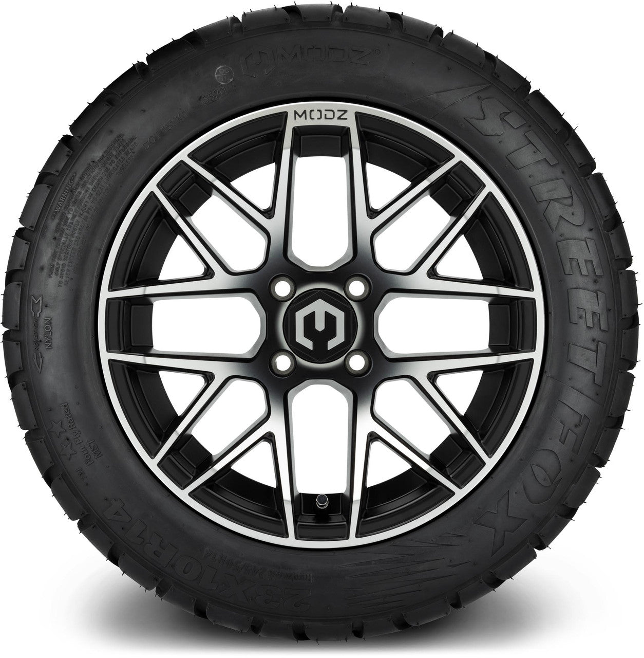 MODZ® 14" Matrix Machined Black Wheels & Street Tires Combo (Odyssey Tesseract Steel Belted Radial 215/35-14)