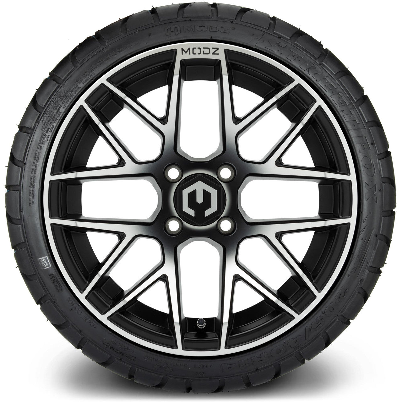 MODZ® 14" Matrix Machined Black Wheels & Street Tires Combo (Odyssey Tesseract Steel Belted Radial 215/50-14)