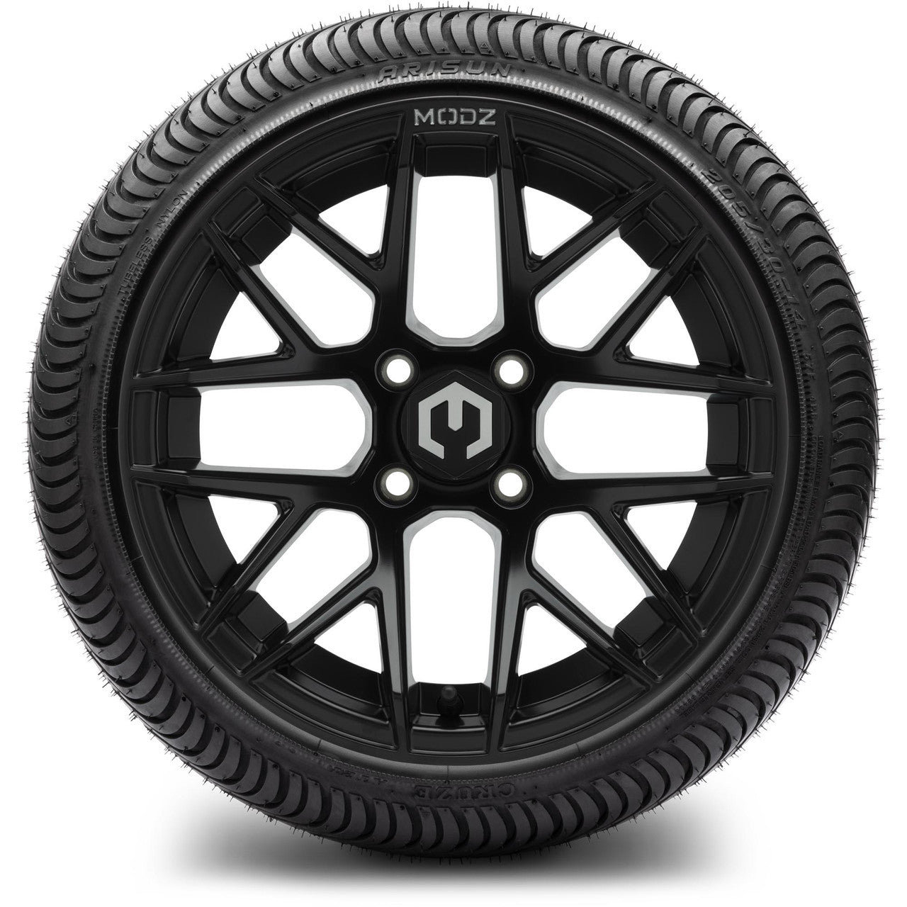 MODZ® 14" Matrix Matte Black Wheels & Street Tires Combo (Odyssey Tesseract Steel Belted Radial 215/35-14)