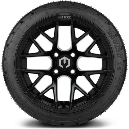 MODZ® 14" Matrix Matte Black Wheels & Street Tires Combo (Odyssey Tesseract Steel Belted Radial 215/35-14)