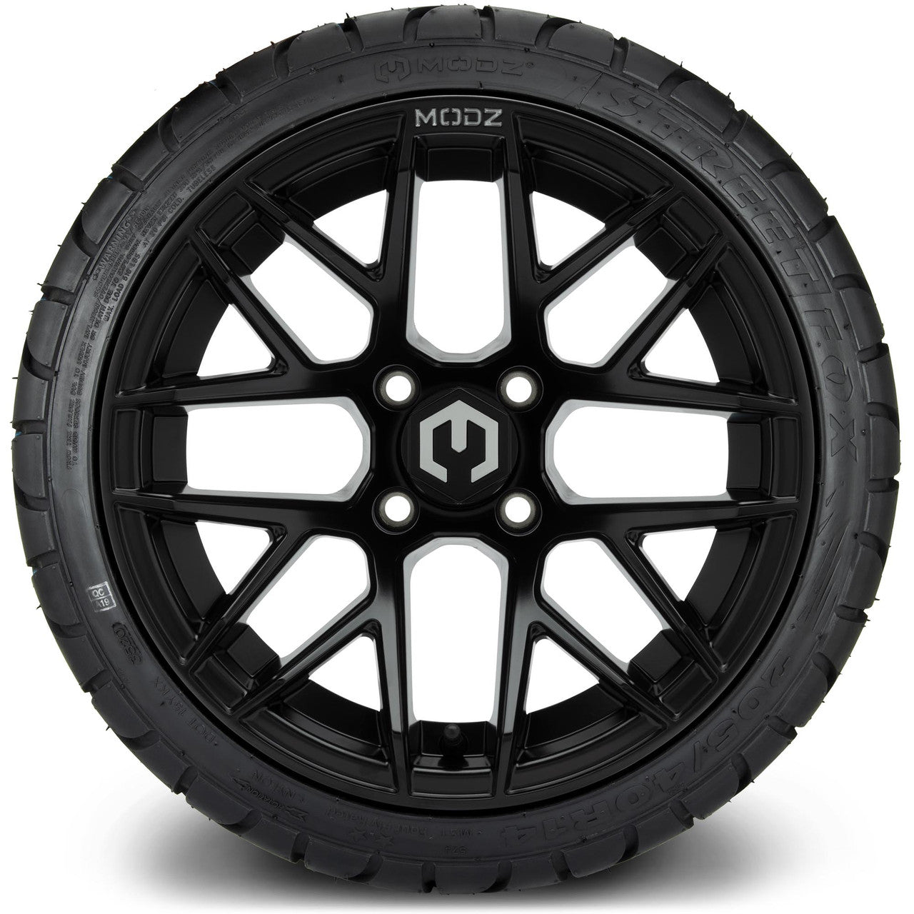 MODZ® 14" Matrix Matte Black Wheels & Street Tires Combo (Odyssey Tesseract Steel Belted Radial 215/35-14)
