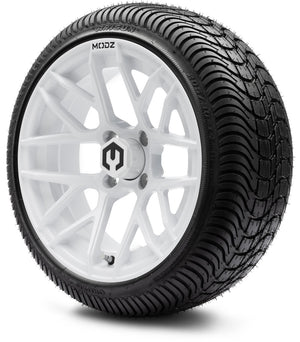 MODZ® 14" Matrix Glossy White Wheels & Street Tires Combo (Arisun Cruze 205/30-14)