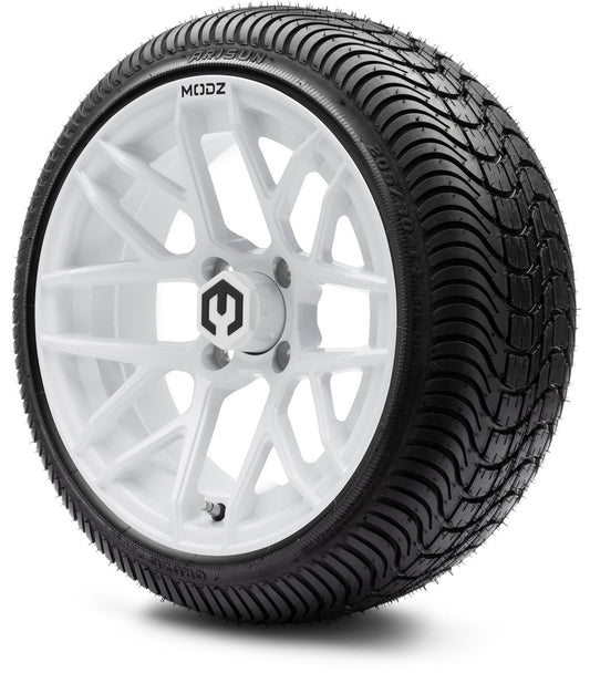 MODZ® 14" Matrix Glossy White Wheels & Street Tires Combo (Arisun Cruze 205/30-14)