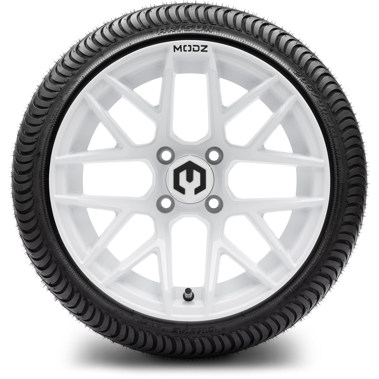 MODZ® 14" Matrix Glossy White Wheels & Street Tires Combo (Odyssey Tesseract Steel Belted Radial 215/50-14)