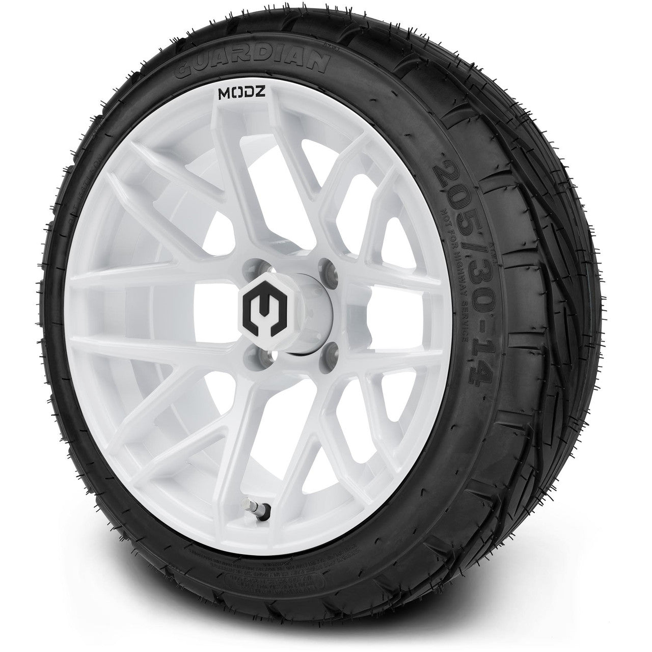 MODZ® 14" Matrix Glossy White Wheels & Street Tires Combo (Odyssey Tesseract Steel Belted Radial 215/35-14)