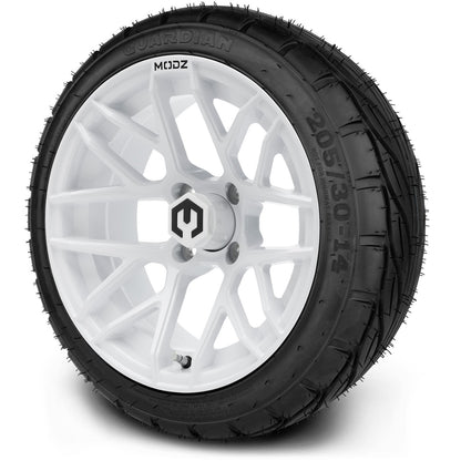 MODZ® 14" Matrix Glossy White Wheels & Street Tires Combo (Odyssey Tesseract Steel Belted Radial 215/35-14)