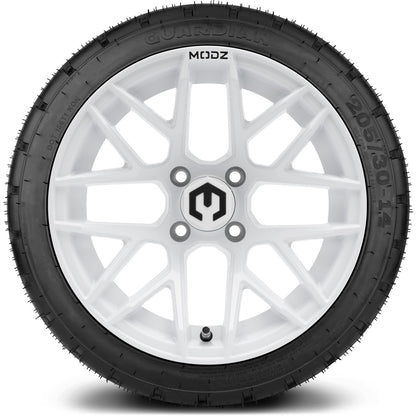 MODZ® 14" Matrix Glossy White Wheels & Street Tires Combo (Odyssey Tesseract Steel Belted Radial 215/35-14)