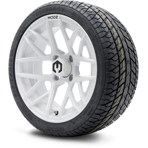 MODZ® 14" Matrix Glossy White Wheels & Street Tires Combo (Odyssey Tesseract Steel Belted Radial 215/35-14)