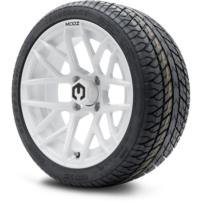 MODZ® 14" Matrix Glossy White Wheels & Street Tires Combo (Odyssey Tesseract Steel Belted Radial 215/50-14)