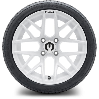 MODZ® 14" Matrix Glossy White Wheels & Street Tires Combo (Arisun Cruze 205/30-14)