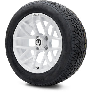 MODZ® 14" Matrix Glossy White Wheels & Street Tires Combo (Odyssey Tesseract Steel Belted Radial 215/50-14)
