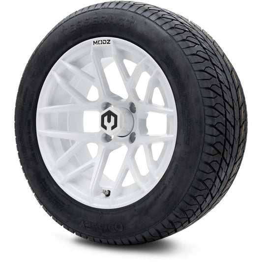MODZ® 14" Matrix Glossy White Wheels & Street Tires Combo (Odyssey Tesseract Steel Belted Radial 215/50-14)
