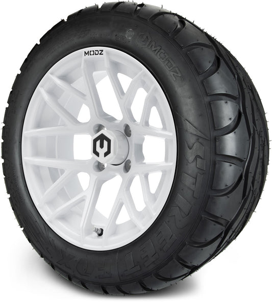 MODZ® 14" Matrix Glossy White Wheels & Street Tires Combo (MODZ Street Fox Radial 23x10-14)