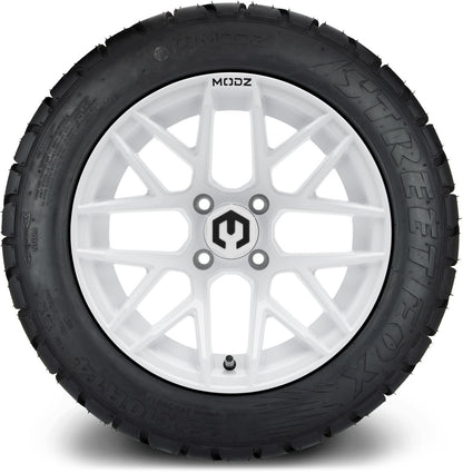 MODZ® 14" Matrix Glossy White Wheels & Street Tires Combo (Odyssey Tesseract Steel Belted Radial 215/50-14)