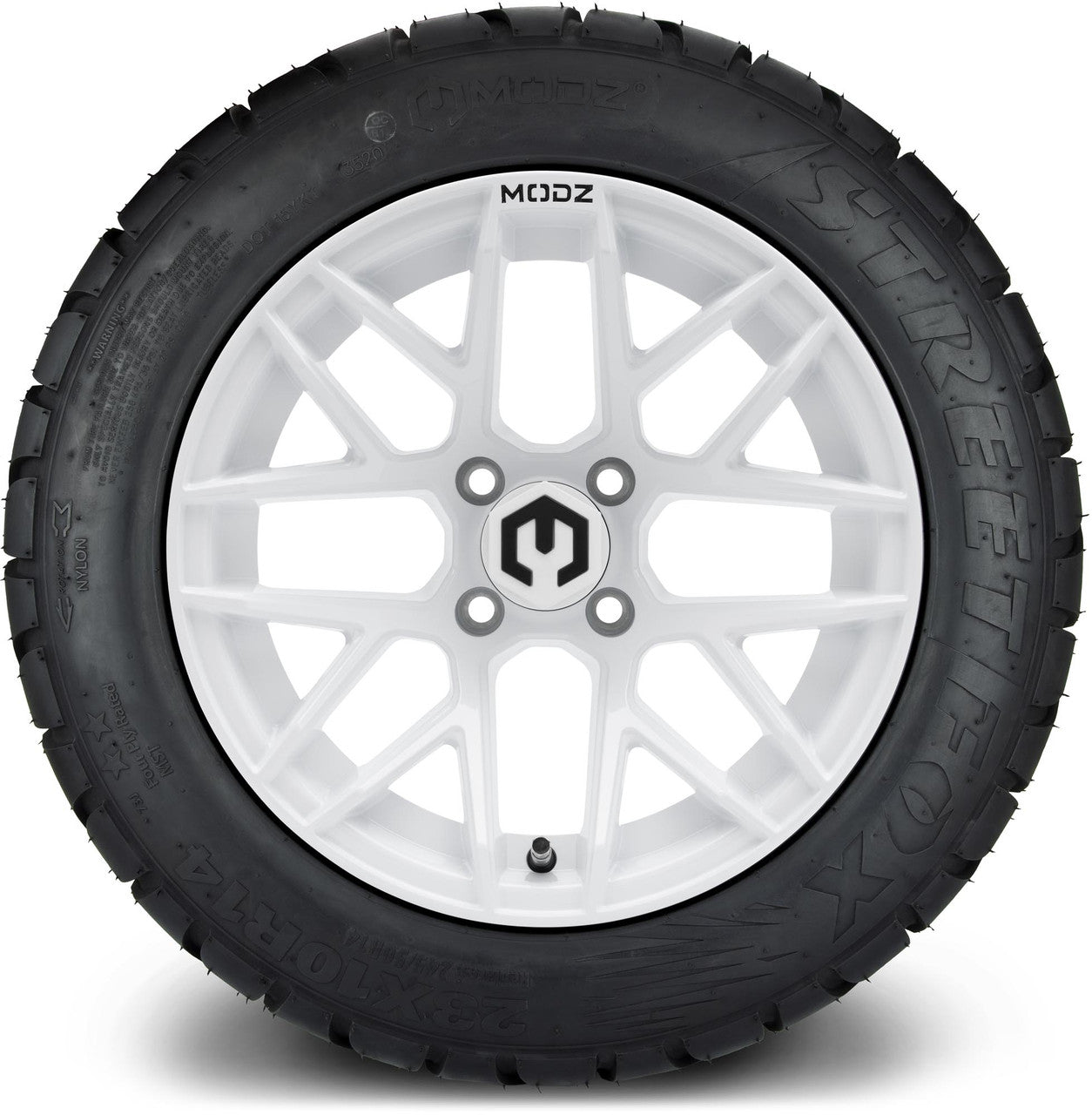 MODZ® 14" Matrix Glossy White Wheels & Street Tires Combo (Odyssey Tesseract Steel Belted Radial 215/35-14)