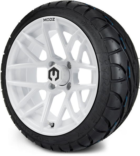 MODZ® 14" Matrix Glossy White Wheels & Street Tires Combo (MODZ Street Fox Radial 205/40-14)