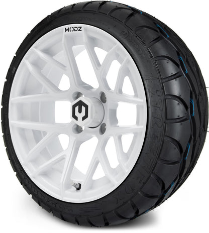MODZ® 14" Matrix Glossy White Wheels & Street Tires Combo (Odyssey Tesseract Steel Belted Radial 215/50-14)