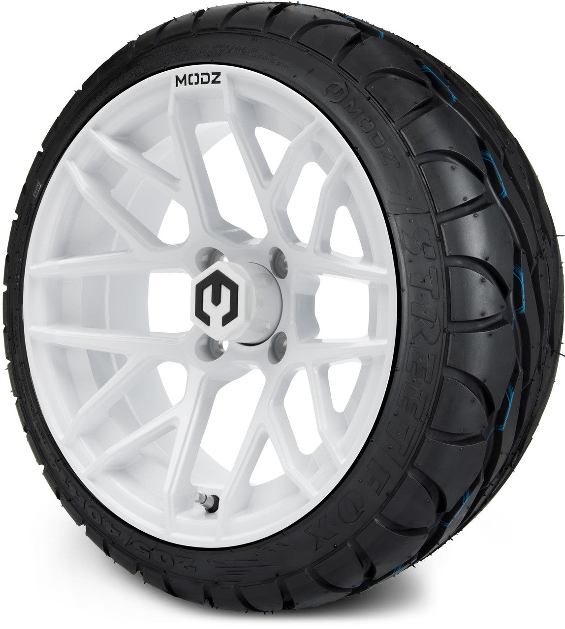MODZ® 14" Matrix Glossy White Wheels & Street Tires Combo (MODZ Street Fox Radial 23x10-14)