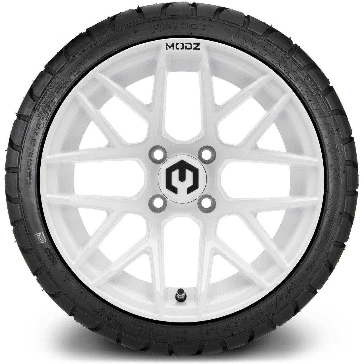MODZ® 14" Matrix Glossy White Wheels & Street Tires Combo (MODZ Street Fox Radial 205/40-14)