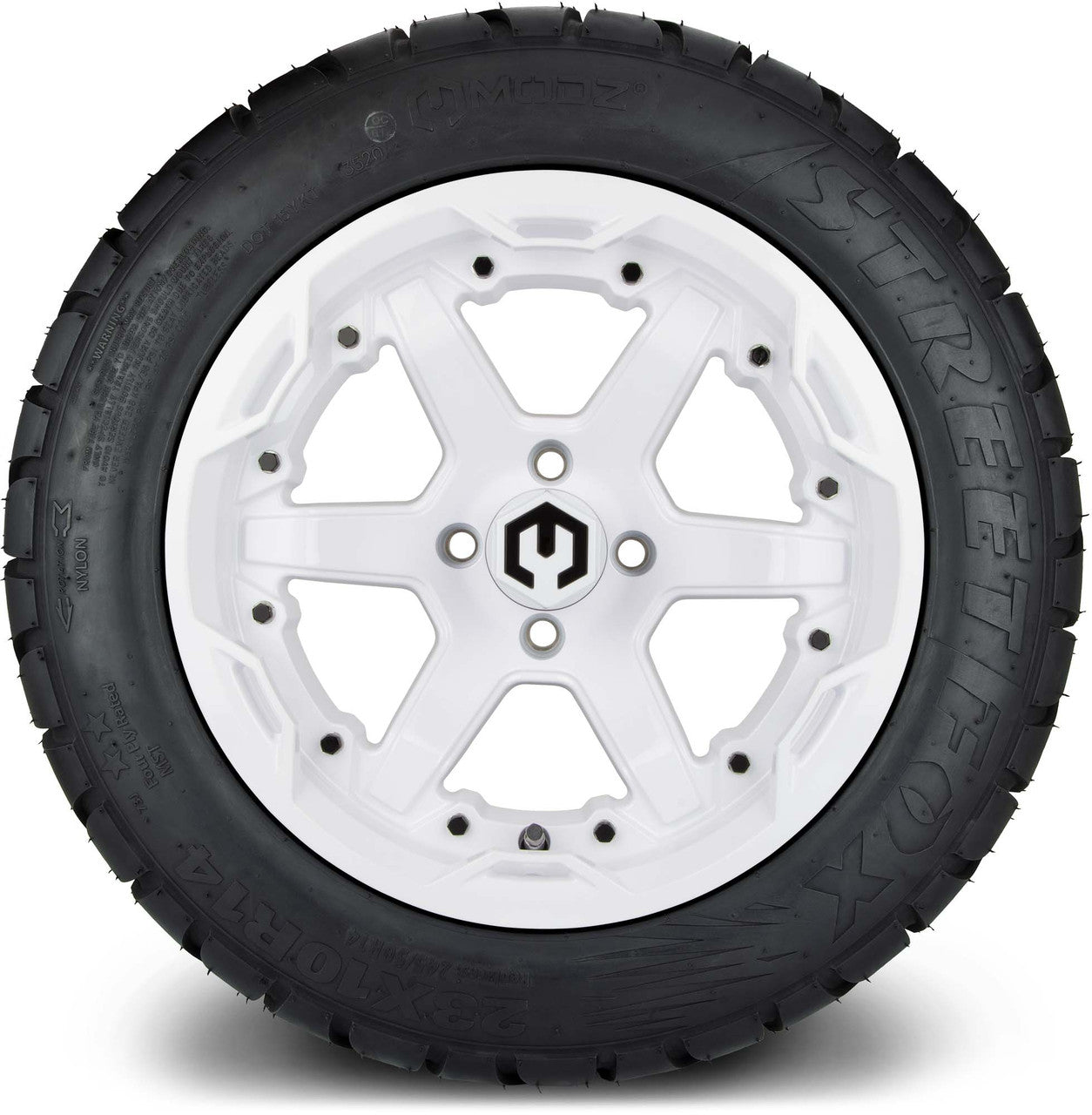 MODZ® 14" Gladiator Glossy White Wheels and Street Tires Combo (MODZ Street Fox Radial 23x10-14)