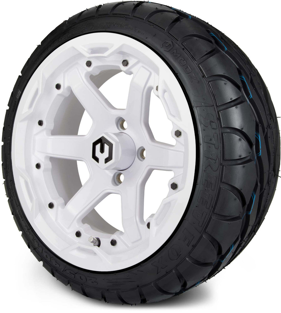MODZ® 14" Gladiator Glossy White Wheels and Street Tires Combo (Arisun Cruze 205/30-14)