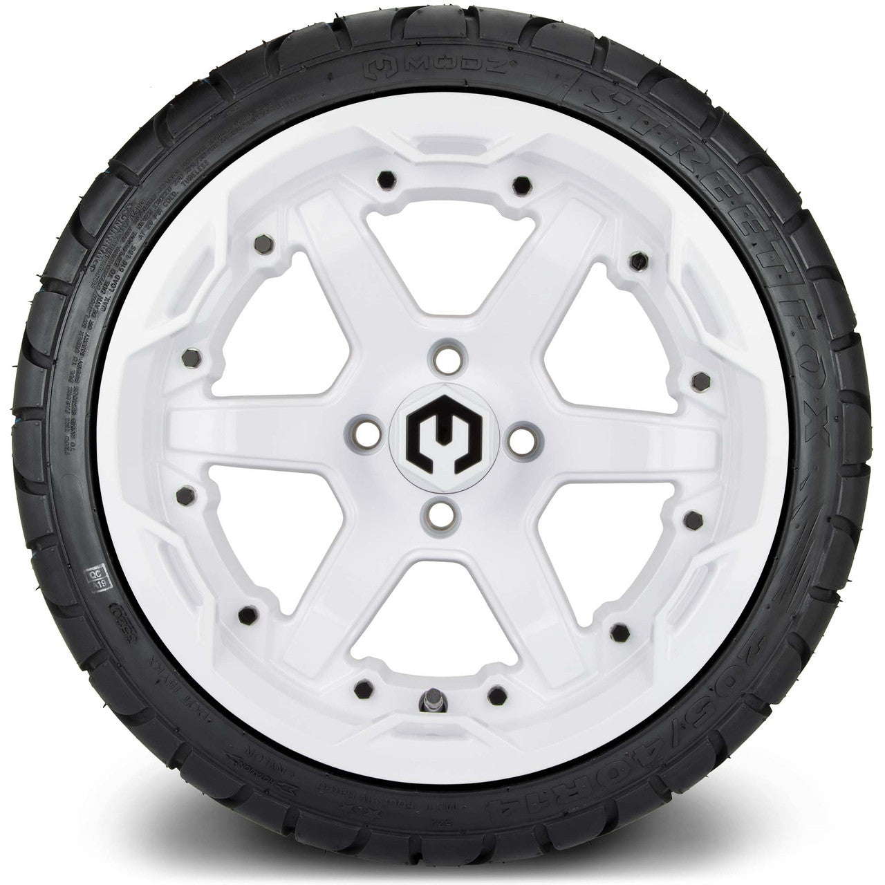 MODZ® 14" Gladiator Glossy White Wheels and Street Tires Combo (Odyssey Tesseract Steel Belted Radial 215/35-14)