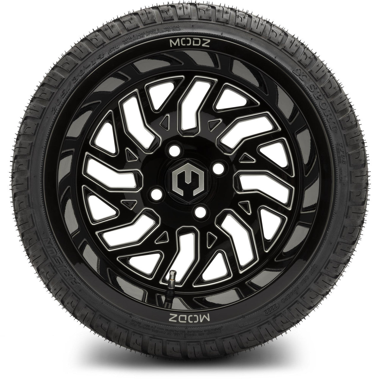 MODZ® 14" Carnage Glossy Black with Ball Mill Wheels & Street Tires Combo (Odyssey Tesseract Steel Belted Radial 215/35-14)