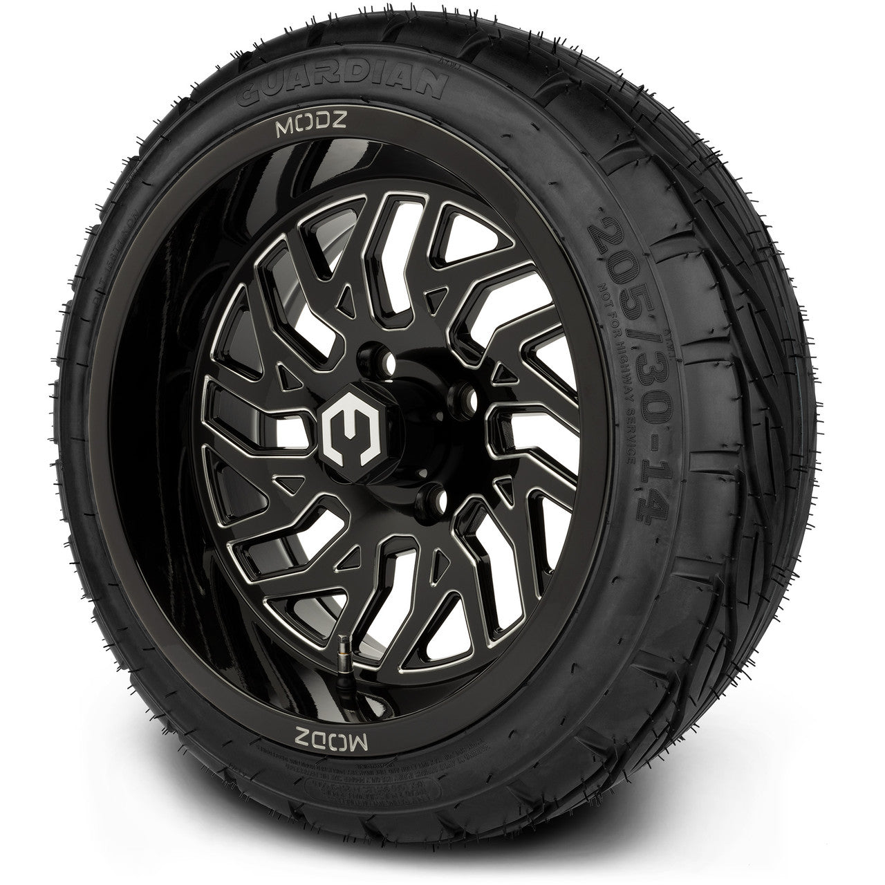 MODZ® 14" Carnage Glossy Black with Ball Mill Wheels & Street Tires Combo (Odyssey Tesseract Steel Belted Radial 215/35-14)