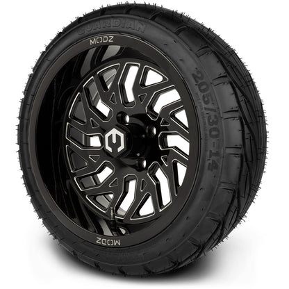 MODZ® 14" Carnage Glossy Black with Ball Mill Wheels & Street Tires Combo (Odyssey Tesseract Steel Belted Radial 215/35-14)