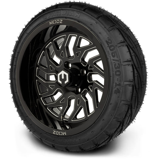 MODZ® 14" Carnage Glossy Black with Ball Mill Wheels & Street Tires Combo (MODZ Guardian 205/30-14)